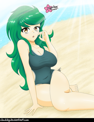 Size: 773x1000 | Tagged: safe, alternate version, artist:clouddg, wallflower blush, equestria girls, g4, my little pony equestria girls: better together, adorasexy, barefoot, beach, big breasts, breasts, busty wallflower blush, cleavage, clothes, crepuscular rays, cute, feet, female, human coloration, legs, ocean, one-piece swimsuit, sand, sexy, solo, swimsuit, thighs
