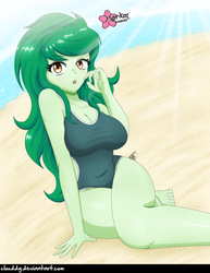 Size: 773x1000 | Tagged: safe, artist:clouddg, wallflower blush, equestria girls, equestria girls series, g4, adorasexy, barefoot, beach, big breasts, breasts, busty wallflower blush, cleavage, clothes, crepuscular rays, cute, feet, female, ocean, one-piece swimsuit, open mouth, sand, sexy, solo, swimsuit