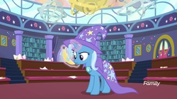 Size: 1920x1080 | Tagged: safe, screencap, trixie, pony, unicorn, a matter of principals, g4, banana, bananaphone, cape, clothes, discovery family logo, female, food, glowing horn, hat, horn, magic, mare, solo, trixie's cape, trixie's hat