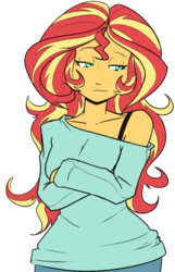 Size: 579x900 | Tagged: source needed, safe, artist:reiduran, artist:tantrumtariff, sunset shimmer, equestria girls, g4, bra strap, clothes, crossed arms, female, messy hair, off shoulder, simple background, solo, white background