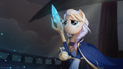 Size: 3200x1800 | Tagged: safe, artist:jeremywithlove, earth pony, pony, blizzard entertainment, clothes, crossover, female, jaina proudmoore, mage, mare, ponified, sad, solo, staff, video game, warcraft, wizard, world of warcraft
