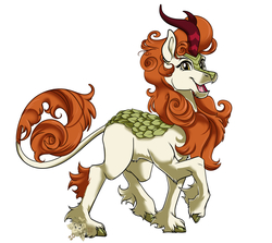 Size: 1000x893 | Tagged: safe, artist:pizzapupperroni, autumn blaze, kirin, sounds of silence, cloven hooves, fangs, female, happy, leonine tail, open mouth, raised hoof, simple background, smiling, solo, standing, unshorn fetlocks, watermark, white background