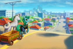 Size: 1000x667 | Tagged: safe, artist:adeptus-monitus, oc, oc only, oc:lonely day, dog, earth pony, pony, fanfic:the last pony on earth, ponies after people, cart, city, cityscape, clothes, female, mare