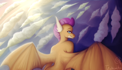 Size: 5532x3180 | Tagged: safe, artist:tsukorito, smolder, dragon, anthro, g4, cloud, dragon wings, dragoness, fangs, female, flying, horns, looking at you, smiling, solo, spread wings, wings