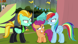 Size: 1280x720 | Tagged: safe, artist:sofiablythe2014, screencap, lightning dust, rainbow dash, scootaloo, pegasus, pony, g4, the washouts (episode), angry, awkward, awkward moment, clothes, female, filly, looking at each other, mare, scowl, sheepish grin, standing, uniform, washouts uniform, wings