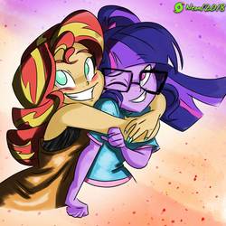 Size: 1600x1600 | Tagged: safe, artist:9987neondraws, artist:lunchie, edit, sci-twi, sunset shimmer, twilight sparkle, human, equestria girls, g4, colored, cute, duo, female, grin, hug, lesbian, one eye closed, shimmerbetes, ship:sci-twishimmer, ship:sunsetsparkle, shipping, smiling, twiabetes