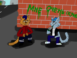 Size: 1024x768 | Tagged: safe, artist:horsesplease, capper dapperpaws, chummer, abyssinian, cat, anthro, g4, my little pony: the movie, alcohol, alley, bored, cyrillic, dresiarz, drinking, gopnik, graffiti, male, polish, russian, smoking, squatting