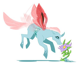 Size: 900x734 | Tagged: safe, artist:pizzapupperroni, ocellus, changedling, changeling, g4, female, flower, flying, simple background, sniffing, white background
