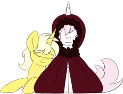 Size: 2150x1644 | Tagged: safe, artist:taaffeiite, derpibooru exclusive, oc, oc only, oc:lemon drops, oc:scarlet starlight, pony, unicorn, cloak, clothes, female, mare, parent:cyberia starlight, parent:sakura starlight, scar, simple background, transparent background