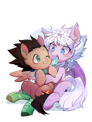 Size: 1500x1980 | Tagged: safe, artist:akamei, bat pony, pegasus, pony, boots, colt, crossover, duo, food, gon freecss, hunter x hunter, killua zoldyck, male, neckerchief, ponified, popsicle, shoes, simple background, smiling