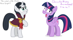 Size: 2000x1100 | Tagged: safe, artist:cloudy glow, artist:tomfraggle, chancellor neighsay, twilight sparkle, alicorn, pony, unicorn, g4, chancellor whinnysnort, derp, happy, i didn't listen, image macro, laughing, male to female, rule 63, simple background, transformation, transgender transformation, twilight sparkle (alicorn)