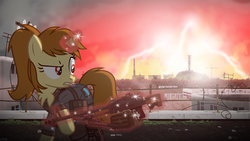 Size: 3840x2160 | Tagged: safe, artist:brutalweather studio, oc, oc only, oc:katya ironstead, pony, blowout, chest fluff, high res, mercenary, pkm, pripyat, s.t.a.l.k.e.r., show accurate, solo