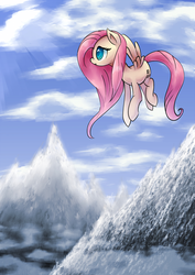 Size: 1280x1810 | Tagged: safe, artist:coma392, fluttershy, pegasus, pony, g4, cloud, female, flying, mare, mountain, scenery, sky, solo