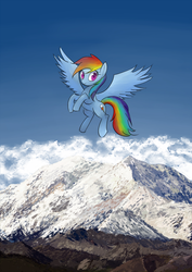 Size: 1280x1810 | Tagged: safe, artist:coma392, rainbow dash, pegasus, pony, g4, female, flying, mare, mountain, scenery, sky, smiling, solo, spread wings, wings