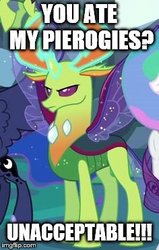 Size: 236x370 | Tagged: safe, edit, edited screencap, screencap, thorax, changedling, changeling, g4, to where and back again, angry, antlers, caption, cropped, glowing horn, horn, image macro, imgflip, king thorax, magic, meme, pierogi, poland, text, unacceptable