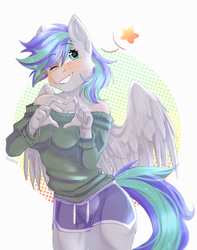 Size: 2360x3000 | Tagged: safe, artist:swoopypoolin, oc, oc only, oc:storm feather, pegasus, anthro, anthro oc, blushing, clothes, female, heart, heart hands, high res, mare, one eye closed, pictogram, rule 63, shorts, smiling, solo, sweater, wink, ych result