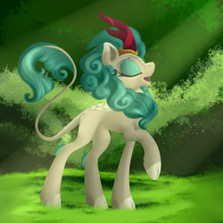 Size: 4092x4092 | Tagged: safe, artist:ailatf, rain shine, kirin, sounds of silence, absurd resolution, cloven hooves, crepuscular rays, eyes closed, female, leonine tail, open mouth, queen, raised hoof, solo