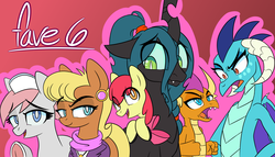 Size: 3080x1756 | Tagged: safe, artist:niggerdrawfag, apple bloom, ms. harshwhinny, nurse redheart, princess ember, queen chrysalis, smolder, changeling, dragon, earth pony, pony, g4, dragoness, fangs, female, filly, mare, ponytail, red background, simple background