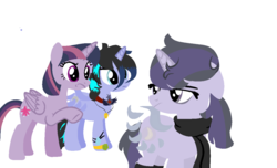 Size: 1182x720 | Tagged: safe, artist:kingbases, artist:macadoptables, mean twilight sparkle, oc, oc:moonshine twinkle, oc:nightfall blitz, alicorn, pony, icey-verse, g4, the mean 6, alicorn amulet, alicorn oc, annoyed, base used, bracelet, canon x oc, clone, clothes, cross, family, female, jewelry, lesbian, magical lesbian spawn, mare, meanshine, mother and daughter, necklace, offspring, parent:mean twilight sparkle, parent:oc:moonshine twinkle, parents:canon x oc, parents:meanshine, scarf, shipping, simple background, socks, white background