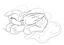 Size: 2153x1524 | Tagged: safe, artist:selenophile, nightmare moon, alicorn, pony, g4, cute, explicit source, eyes closed, female, floppy ears, grayscale, lying down, mare, monochrome, nicemare moon, prone, simple background, sketch, sleeping, smiling, solo, white background