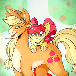 Size: 1000x1000 | Tagged: safe, artist:cinnamonsparx, apple bloom, applejack, earth pony, pony, g4, alternate design, apple, apple tree, bow, cheek fluff, cloven hooves, cowboy hat, duo, ear fluff, female, filly, foal, hair bow, hat, mare, siblings, sisters, tree