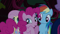 Size: 640x360 | Tagged: safe, screencap, fluttershy, pinkie pie, rainbow dash, twilight sparkle, pony, friendship is magic, g4, season 1, animated, female, gif, laughter song, wiggle