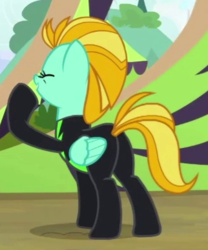Size: 322x387 | Tagged: safe, screencap, lightning dust, pegasus, pony, g4, the washouts (episode), butt, clothes, cropped, delicious, female, lightning butt, mare, plot, solo, spandex, uniform, washouts uniform