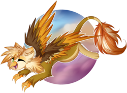 Size: 2320x1697 | Tagged: safe, artist:woonborg, oc, oc only, oc:ember burd, griffon, colored wings, cute, eared griffon, flying, griffon oc, multicolored wings, one eye closed, simple background, solo, spread wings, transparent background, wings, wink