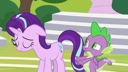 Size: 1920x1080 | Tagged: safe, screencap, spike, starlight glimmer, dragon, pony, unicorn, a matter of principals, g4, discovery family logo, eyes closed, female, male, sad, winged spike, wings