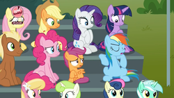 Size: 1920x1080 | Tagged: safe, screencap, applejack, bon bon, fluttershy, lily, lily valley, lyra heartstrings, meadow song, minty green, pinkie pie, rainbow dash, rarity, scootaloo, sweetie drops, twilight sparkle, alicorn, earth pony, pegasus, pony, g4, the washouts (episode), :s, bake it like buddy, bleachers, discovery family logo, female, filly, male, mane six, mare, sitting, slouching, stallion, twilight sparkle (alicorn), wavy mouth