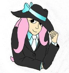 Size: 914x968 | Tagged: safe, artist:jesterofdestiny, fluttershy, human, g4, clothes, digitally colored, dress shirt, female, hat, humanized, looking at you, necktie, ribbon, satin, silk, solo, suit, summer hat, traditional art