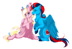 Size: 2369x1589 | Tagged: safe, artist:requiem♥, oc, oc only, oc:andrew swiftwing, oc:bay breeze, pegasus, pony, bow, couple, cute, duo, duo male and female, female, flower, flower in hair, hair bow, male, mare, oc x oc, shipping, simple background, stallion, straight, swiftbreeze, transparent background, wings