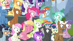 Size: 1920x1080 | Tagged: safe, screencap, amethyst star, applejack, bon bon, booksmart, dark moon, fluttershy, graphite, lily, lily valley, lyra heartstrings, meadow song, minty green, mochaccino, pinkie pie, pokey pierce, rainbow dash, rare find, rarity, scootaloo, sparkler, sweetie drops, twilight sparkle, twinkleshine, velvet light, alicorn, earth pony, pegasus, pony, g4, the washouts (episode), excited, female, filly, flying, looking up, male, mare, stallion