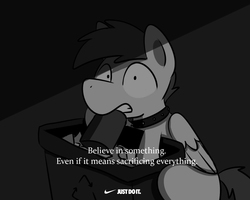Size: 1280x1024 | Tagged: safe, artist:sugar morning, oc, oc only, oc:slipstream, dog pony, pegasus, pony, b&w, believe in something, black and white, boofy, collar, digging, digging through trash, grayscale, male, meme, monochrome, nike, nike meme, sitting, solo, spiked collar, stallion, surprised, trash