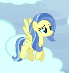 Size: 344x368 | Tagged: safe, screencap, sunshower, pegasus, pony, g4, tanks for the memories, background pony, cropped, female, flying, lidded eyes, mare, solo
