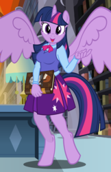 Size: 792x1224 | Tagged: safe, artist:flash equestria photography, twilight sparkle, alicorn, anthro, unguligrade anthro, g4, beckoning, book, clothes, cutie mark on clothes, equestria girls outfit, female, show accurate, smiling, solo, twilight sparkle (alicorn)
