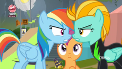 Size: 1920x1080 | Tagged: safe, screencap, lightning dust, rainbow dash, scootaloo, pegasus, pony, g4, the washouts (episode), clothes, discovery family logo, eye contact, female, filly, frown, gritted teeth, looking at each other, mare, stare, staredown, uniform, washouts uniform