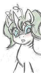 Size: 675x1200 | Tagged: safe, artist:jiminy-lummox, oc, oc:orchid, kaiju, pony, antenna, antennae, giant pony, gills, hair, macro, mane, pigtails, twin, twintails