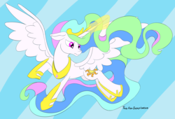 Size: 3432x2328 | Tagged: safe, artist:the-fox-experiment, princess celestia, alicorn, pony, g4, abstract background, cutie mark, flying, glowing horn, high res, hoof shoes, horn