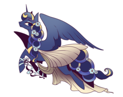 Size: 1280x1015 | Tagged: safe, artist:28gooddays, princess luna, alicorn, pony, g4, alternate hairstyle, clothes, dress, female, flower, flower in hair, flying, mare, simple background, smiling, solo, spread wings, transparent background, wings