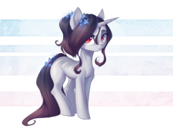 Size: 1222x965 | Tagged: safe, artist:vincher, oc, oc only, oc:aveline bell, pony, unicorn, abstract background, chest fluff, ear fluff, female, flower, flower in hair, happy, leg fluff, lidded eyes, mare, simple background, solo, standing, transparent background