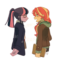 Size: 1200x1220 | Tagged: safe, artist:magneticskye, sci-twi, sunset shimmer, twilight sparkle, equestria girls, g4, alternate clothes, blushing, cute, female, lesbian, looking at each other, shimmerbetes, ship:sci-twishimmer, ship:sunsetsparkle, shipping, twiabetes