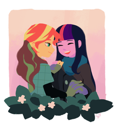 Size: 1200x1300 | Tagged: safe, artist:magneticskye, sunset shimmer, twilight sparkle, equestria girls, g4, alternate clothes, cute, eyes closed, female, happy, holding hands, lesbian, lineless, shimmerbetes, ship:sunsetsparkle, shipping, smiling, twiabetes