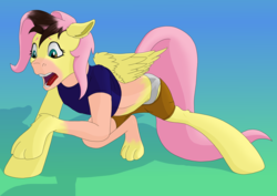 Size: 3508x2480 | Tagged: safe, artist:settop, fluttershy, human, pegasus, pony, g4, clothes, eye color change, female, gradient background, high res, human to pony, male to female, mare, mid-transformation, open mouth, rule 63, shadow, shirt, shorts, solo, transformation, transgender transformation, underwear