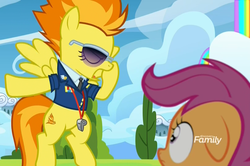 Size: 1622x1079 | Tagged: safe, screencap, scootaloo, spitfire, pegasus, pony, g4, the washouts (episode), clothes, cropped, discovery family logo, female, filly, floppy ears, flying, mare, necktie, spitfire's tie, sunglasses, uniform, whistle, wonderbolts dress uniform, wonderbolts headquarters