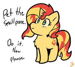 Size: 466x417 | Tagged: safe, artist:zutcha, sunset shimmer, pony, unicorn, g4, cute, female, shimmerbetes, simple background, smol, solo, text, touch the cow, transparent background