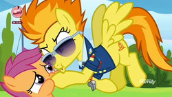 Size: 1920x1080 | Tagged: safe, screencap, scootaloo, spitfire, pegasus, pony, g4, the washouts (episode), bake it like buddy, clothes, discovery family logo, duo, faic, female, filly, flying, foal, hoof over mouth, mare, necktie, puffy cheeks, spitfire's tie, sunglasses, uniform, whistle, whoop-dee-doodle-doo, wonderbolts dress uniform, wonderbolts headquarters