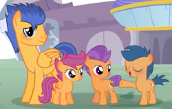 Size: 1454x920 | Tagged: safe, artist:leanne264, first base, flash sentry, scootaloo, tender taps, pony, g4, headcanon, orange bros, orange siblings, siblings