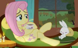 Size: 8000x5000 | Tagged: safe, artist:mundschenk85, angel bunny, fluttershy, pony, g4, absurd resolution, candle, cup, food, night, rain, show accurate, tea, teacup, vector