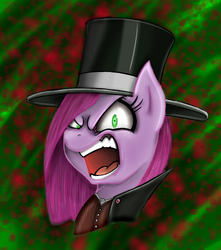 Size: 850x962 | Tagged: safe, artist:mickeymonster, artist:robocop17, pinkie pie, earth pony, pony, alive, g4, abstract background, bust, dr jekyll and mr hyde, dr pinkie and miss pie, female, green eyes, hat, miss pie, mr hyde, pinkamena diane pie, portrait, solo, top hat